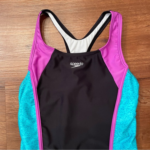 Speedo Girl’s One Piece Swimsuit Black Teal Purple Racerback Juniors Size XL - Picture 2 of 5